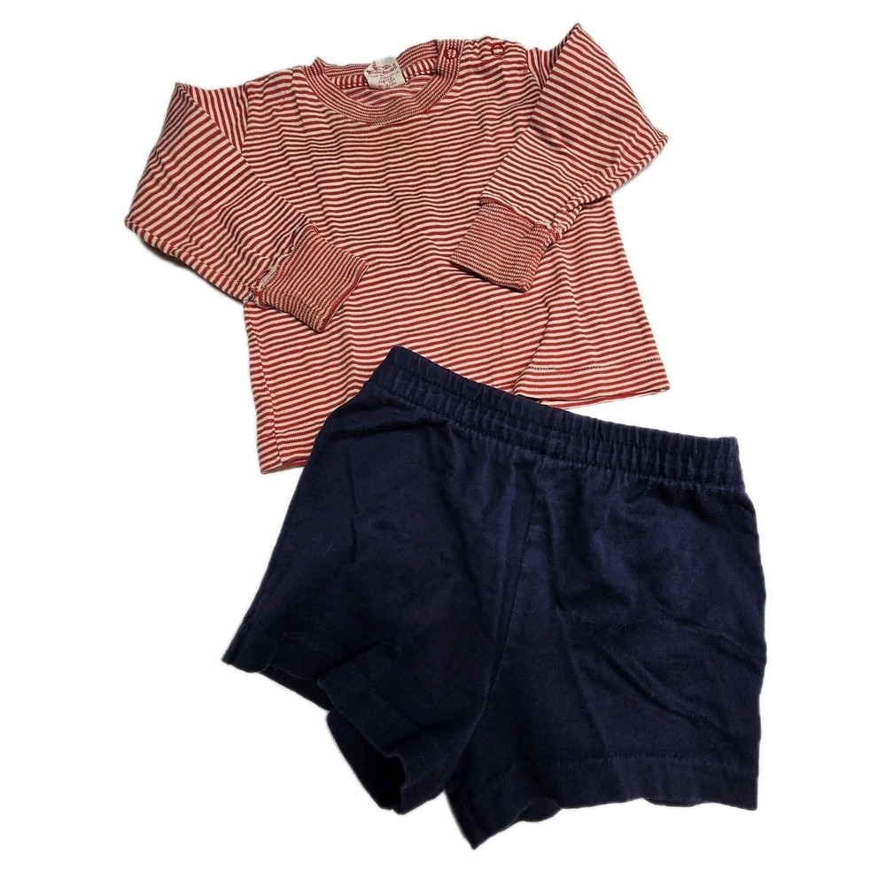 Vintage 70s 80s Buster Brown Shirt & Shorts Baby 12 Months USA Striped Red Blue